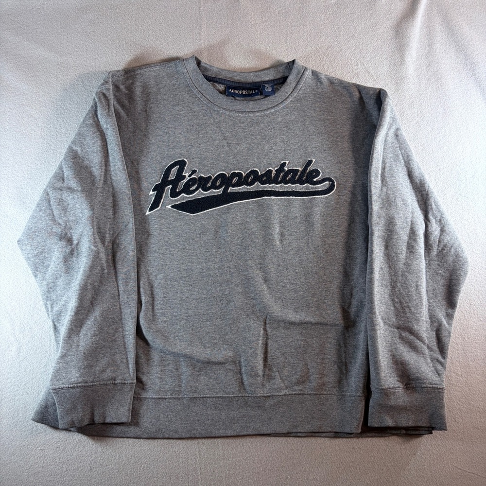 Aeropostale Mens XL Gray Chenille Script Logo Crewneck Sweatshirt Pullover